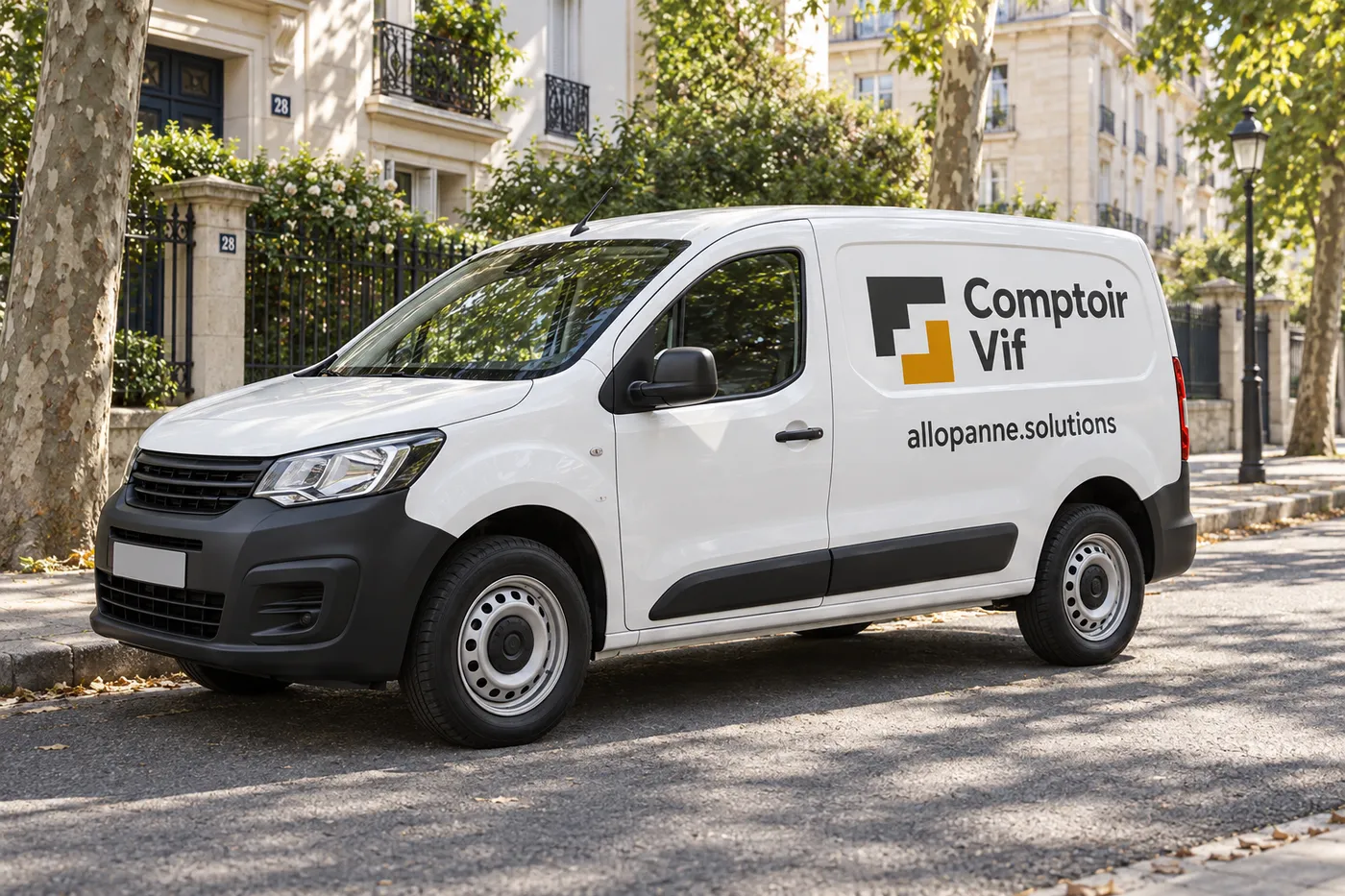 Camionnette d'intervention Comptoir Vif stationnée dans une rue résidentielle d'Île-de-France
