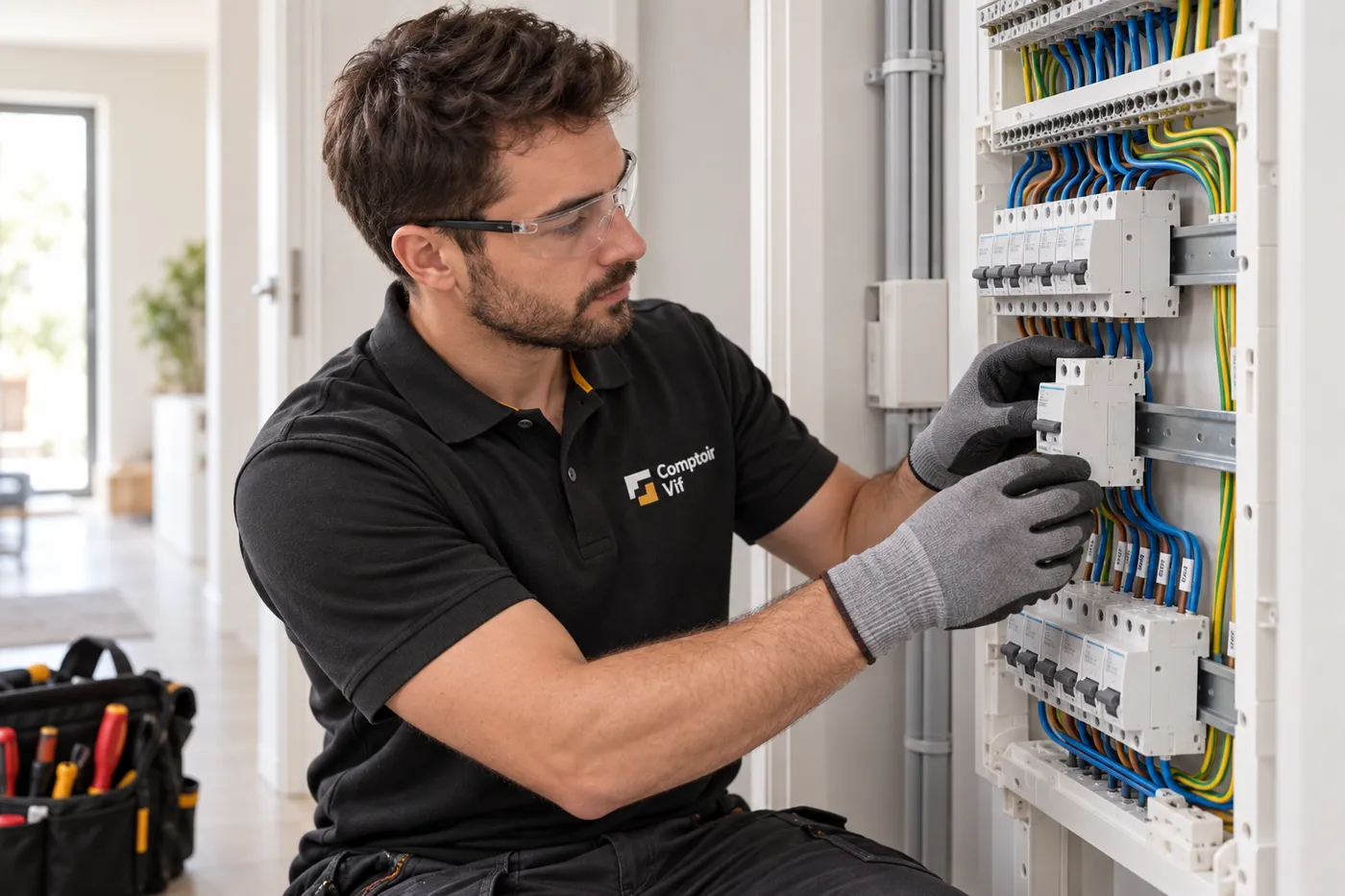 Pose d'un interrupteur différentiel sur le rail d'un tableau électrique neuf dans une gaine technique de logement