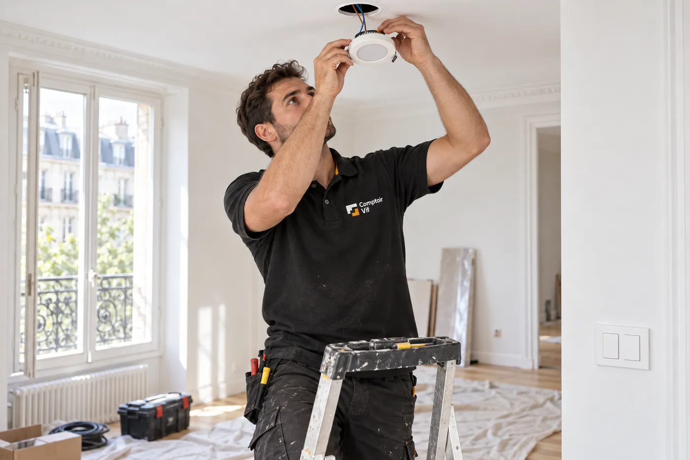Électricien Comptoir Vif posant un spot LED encastré au plafond lors d'une rénovation électrique d'appartement